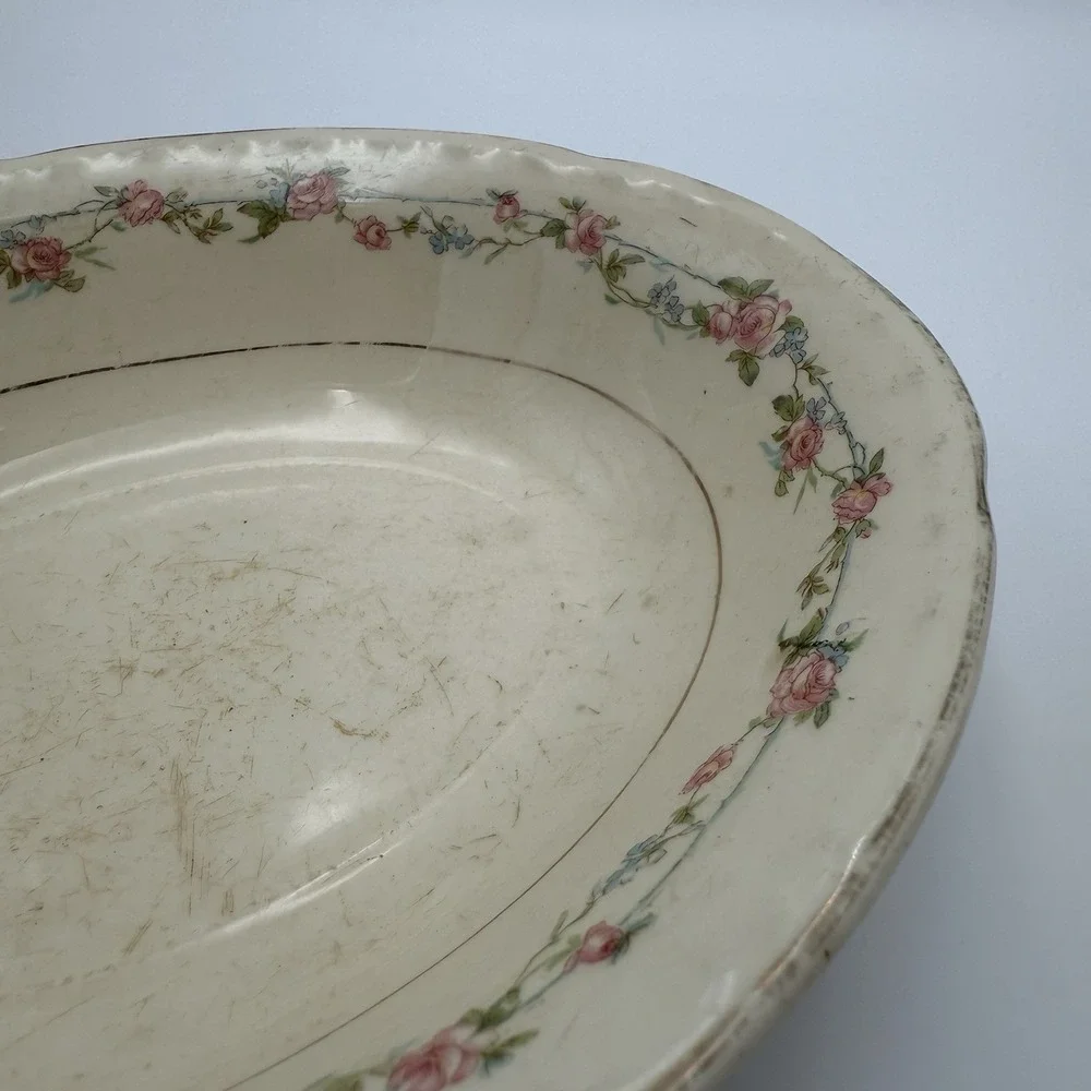 Vintage China‎ Oval Candy Dish Gold Roses Chunky Stained Floral Serving Dish